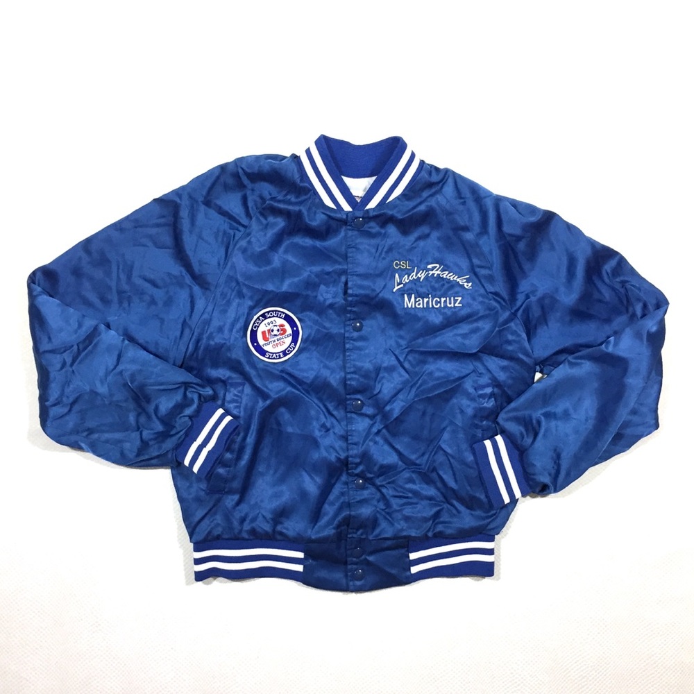 90s Vintage Chalk Line Soccer Blue Satin Jacket